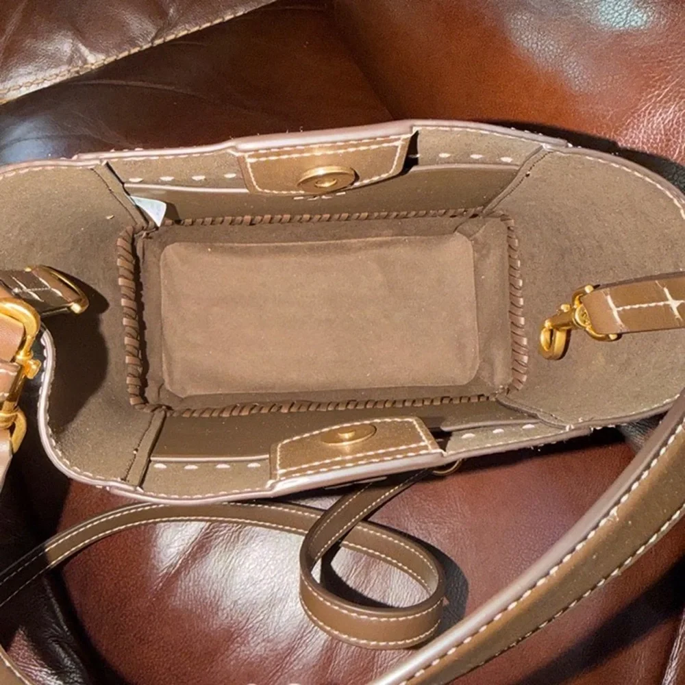 ‼️Tory Burch McGraw Small Wicker Brown Leather Bucket Bag Crossbody Bag